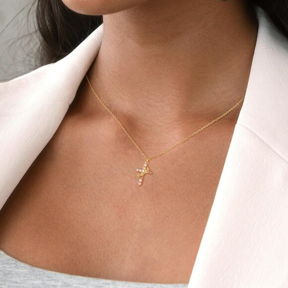 Perfect Gift Women Crown M10 Tourmaline Cross Necklace Gold Plated Faith Jewelry - Picture 3 of 8